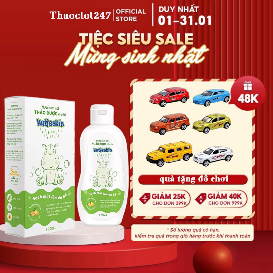 Nước tắm Kutieskin, nước tắm gội thảo dược cho bé, Sữa tắm cho bé - Ngừa rôm sảy, mẩn ngứa, mụn nhọt,  da cho bé