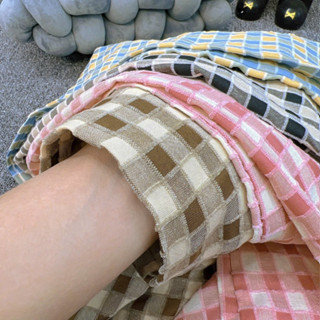 Quần suông ống rộng kẻ caro nữ lưng cao,quần ống đứng cạp chun dây rút chất thô vải mềm, mặc mùa hè mát,đẹp MT712