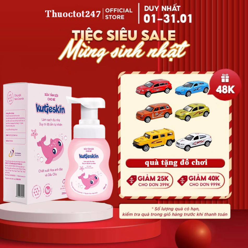 SỮA TẮM GỘI KUTIESKIN - Sữa tắm gội cho bé Kutieskin giúp làm sạch da, ngừa rôm xảy, mẩn ngứa, hăm da - Hộp 200ml