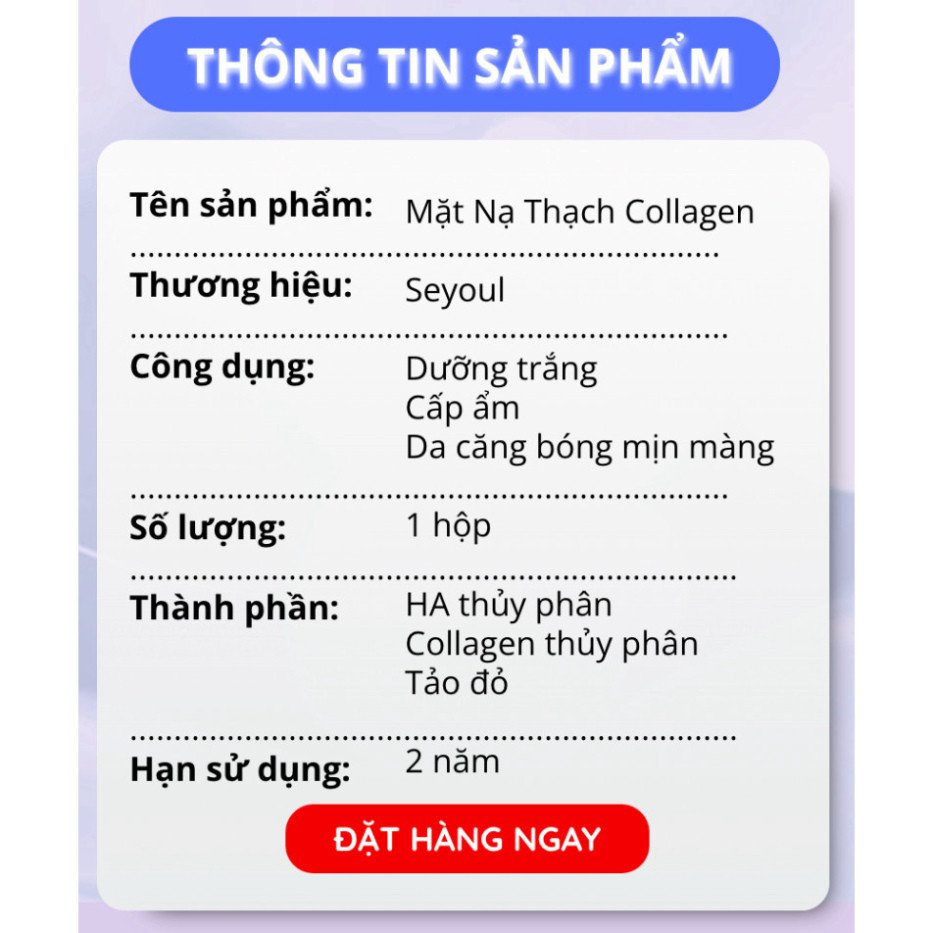 Mặt nạ thạch Collagen Seyoul Hàn Quốc, Jelly Collagen Mask Dưỡng Trắng Cấp ẩm Da Căng Bóng Mịn Màng 1 Hộp x 5 miếng