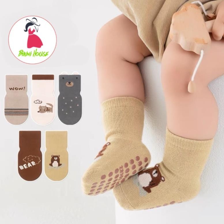 Set 5 Đôi Tất Sơ sinh cotton Chông Trơn Trượt họa tiết Gấu Bear cho bé Myna Bra ss40 { T206 }