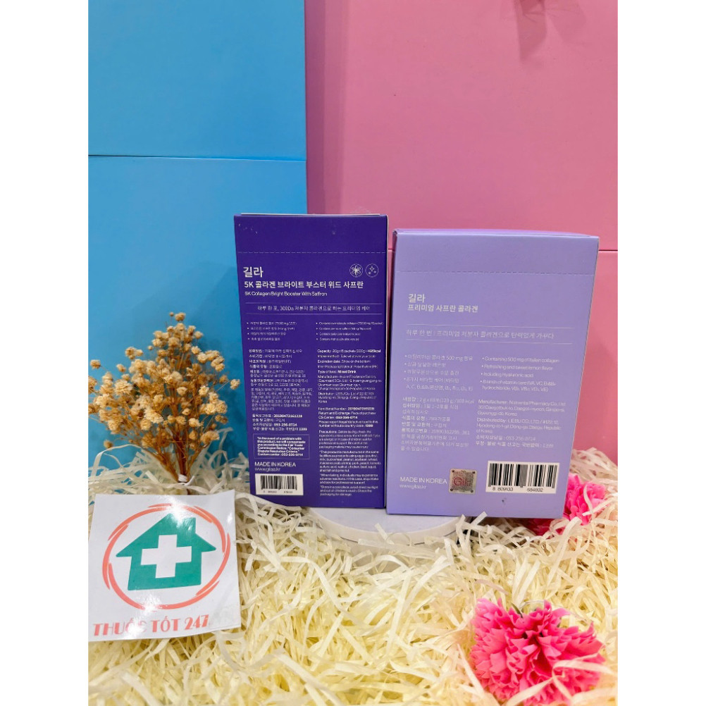 Nước uống + bột Collagen Gilaa Siêu phân tử 300DA Kết hợp Saffron Giúp Trẻ Hóa Trắng Da