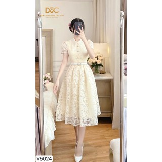 VÁY THIẾT KẾ DVC - V5024 - Váy ren kem xòe cổ sơ mi hàng cúc ngọc, cộc tay -  DỰ TIỆC, CÔNG SỞ, DẠO PHỐ