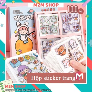 Hộp 100 miếng dán sticker trang trí dán sổ nhiều màu sắc cute dễ thương (kèm nhíp gắp)