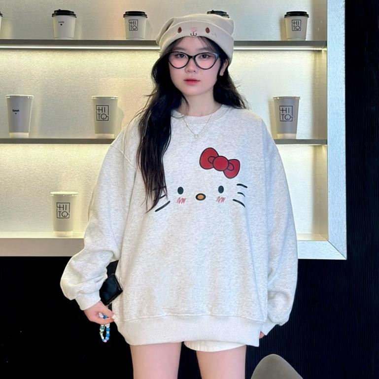 Bộ sưu tập Áo sweater HELLO KITTY basic nam nữ unisex chất nỉ bông COTTON  form rộng màu xám tiêu  Cổ Tròn AP UT