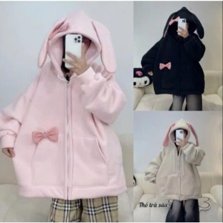 HU Áo Khoác Nỉ  Hoodie zip Tai Thỏ Hồng . chất nỉ COTTON  form rộng unisex