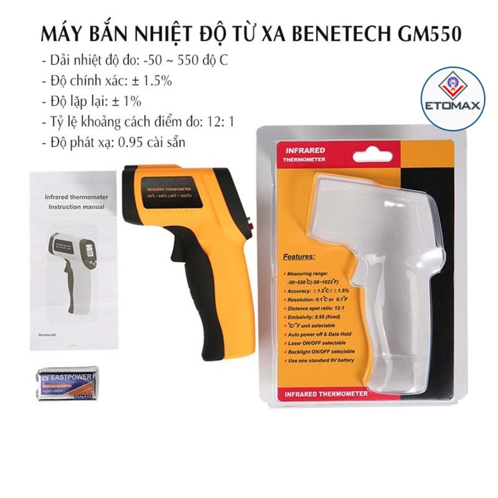 Súng bắn nhiệt độ BENETECH GM550, đo nhiệt độ từ xa bắt điểm siêu nhanh