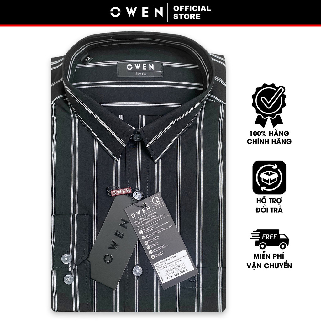 OWEN SALE - Áo Sơ Mi Owen Tay Dài, Màu Đen - Trắng , Họa Tiết Sọc Dọc, Form Slim Fit Lai Bầu