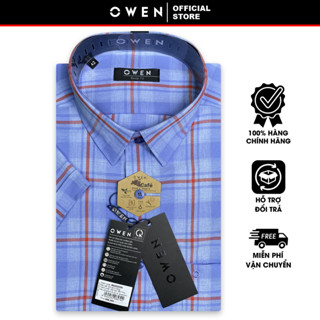 OWEN SALE - Áo Sơ Mi Owen Tay Ngắn, Màu Xanh Dương - Đỏ , Họa Tiết Caro, Form Body Fit Lai Ngang