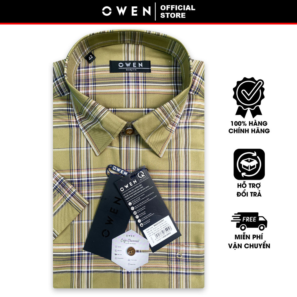 OWEN SALE - Áo Sơ Mi Owen Tay Ngắn, Màu Kẻ Caro Lớn Nâu - Đen - Cam, Form Body Fit Lai Ngang