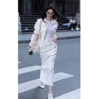 Set jean trắng áo dáng vừa váy dài, set bộ bò trắng basic dễ mặc (HC24)