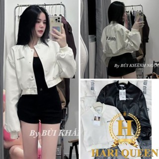 Áo khoác da Miu Miu dáng croptop basic trẻ trung năng động HARIQUEEN - Áo bomber nữ da hai lớp dày dặn cao cấp