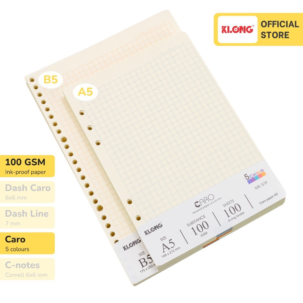 Ruột sổ còng giấy refill KLONG 100GSM Dash Caro Dash Line A5 B5 A4 200 trang ;