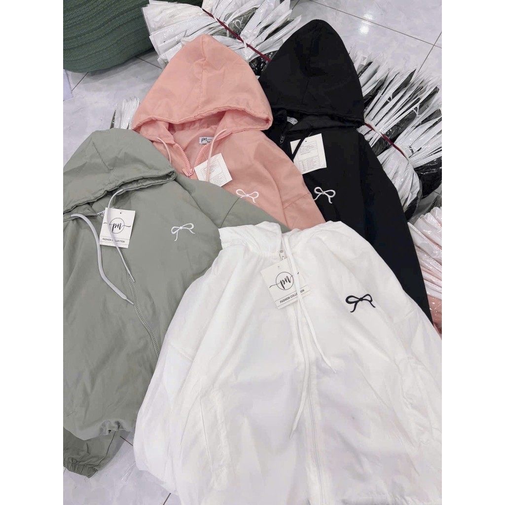 [TD] Áo khoác vải dù nữ dù Trươt Nước Thêu Nơ , Kiểu Croptop Lửng Ngắn 2 lớp Rút Eo hàng rất đẹp pho