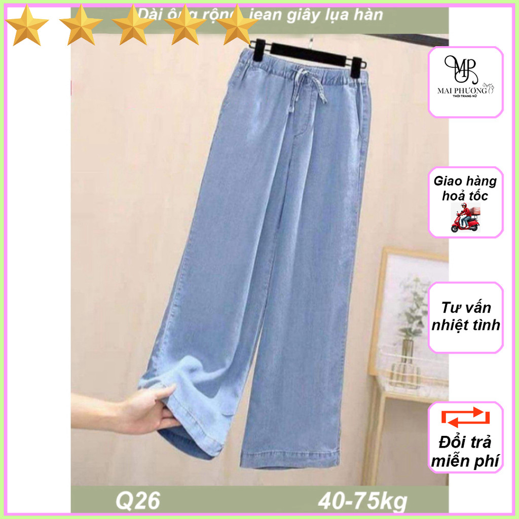 Quần jean nữ lưng thun, quần bò ống rộng vải lụa giấy 2 màu xanh đậm / nhạt