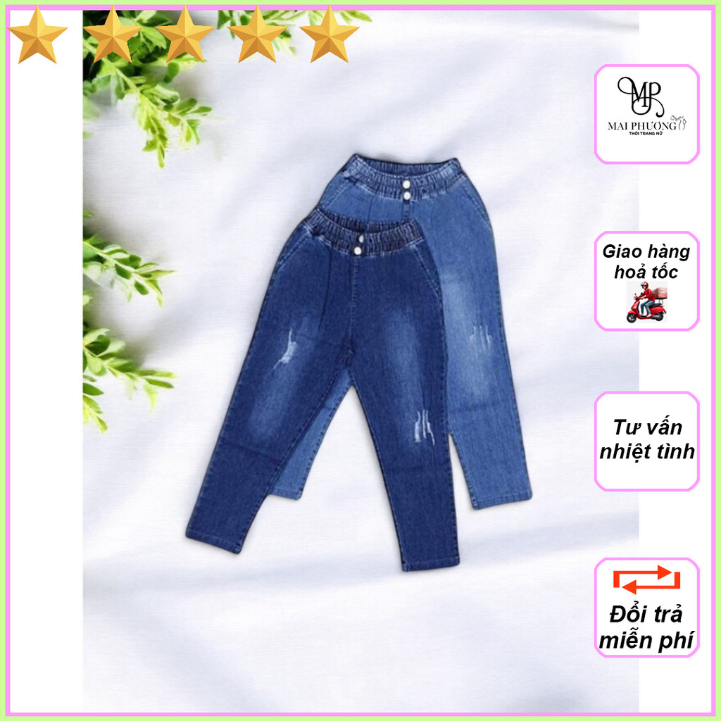 Quần jean nữ, quần jean 9 tấc lưng thun vải co giãn màu xanh dương