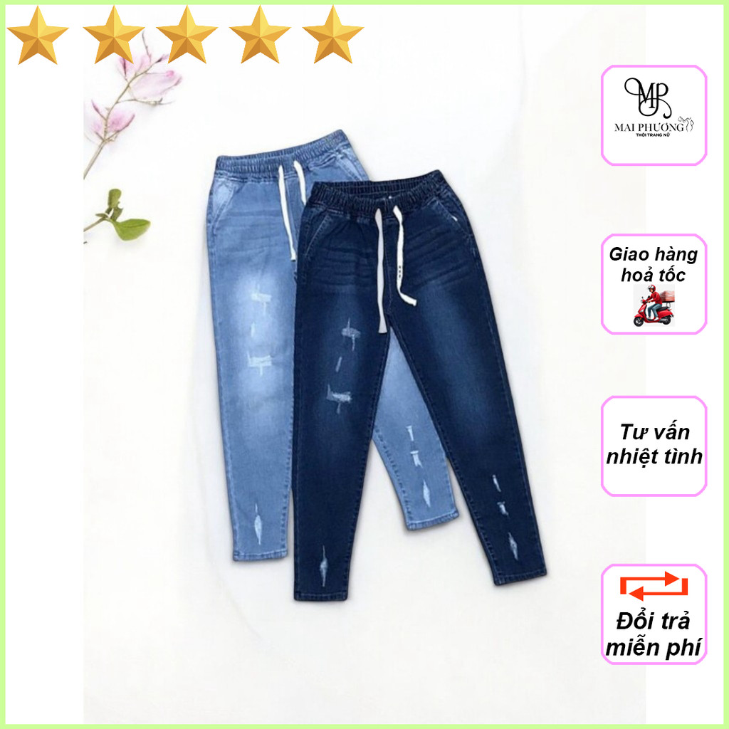 Quần jean nữ lưng thun, quần bò nữ dài cạp chun dáng ôm co giãn xanh màu xanh dương M068