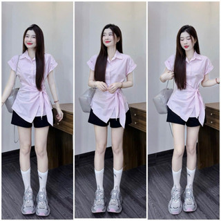  Set bộ thời trang nữ chất áo lụa sọc cổ sơ mi đính nút tay ngắn cột dây eo quần kaki lưng thun ống đứng QC🌹� 