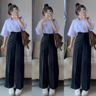 Quần Tây Ống Rộng Đi Học Nữ Lưng Cao Suông Khóa Giữa 1 Cúc Và 2 Cúc Màu Đen Vải Tuyết Mưa Tôn Dáng