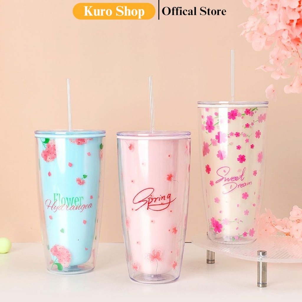 Ly uống nước nhựa, Cốc nhựa uống nước có ống hút nước lạnh Sakura 750ml hoa anh đào có tặng kèm ốnh 