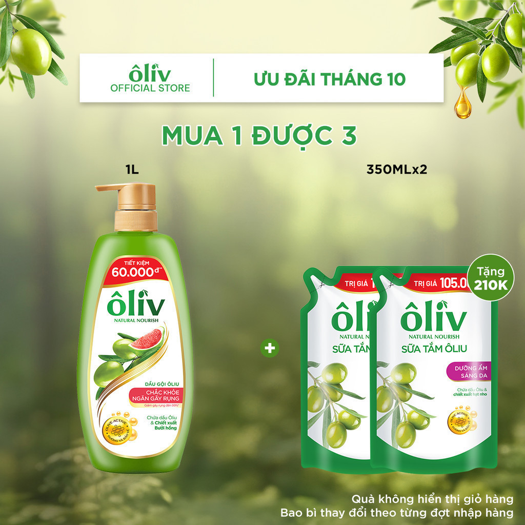 Combo Dầu Gội Ôliv Chắc Khỏe Ngăn Gãy Rụng 1L + Tặng 2 Túi Sữa Tắm Oliv Dưỡng Ẩm Sáng Da 350MLx2