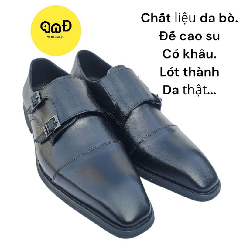 Giày tây công sở nam Giày Monk Strap mũi vuông phong cách Giày lười da bò nguyên tấm đế cao su cao 3,5cm A28