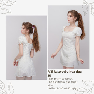 Váy trắng chữ A kiểu 2 cổ vuông tim tay bồng chất vải kate xô thêu hoa đục lỗ có bigsize | P&Q vd19