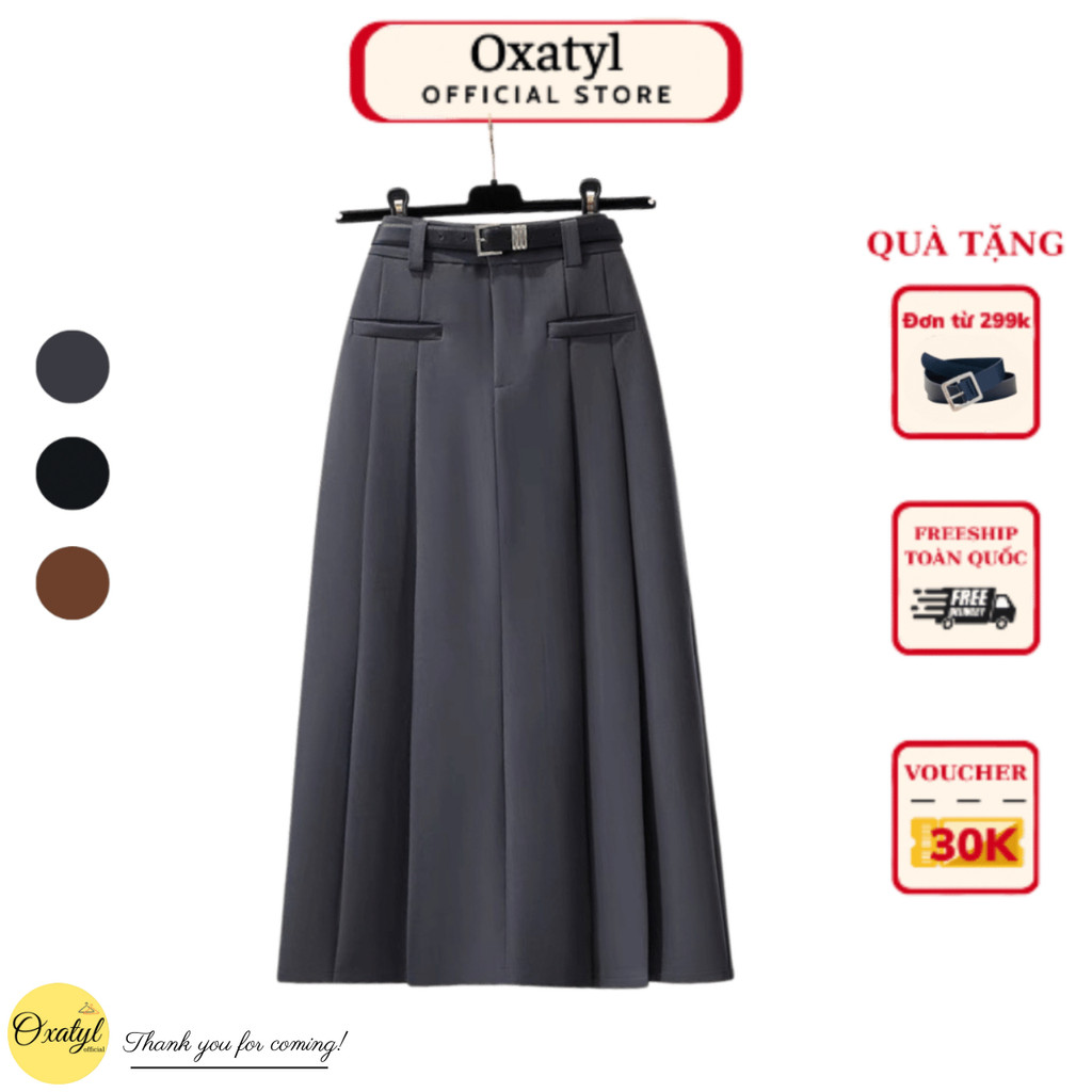 Chân váy dáng dài xếp ly tặng kèm đai váy chất vải cottong dày váy công sở cao cấp Oxatyl V103