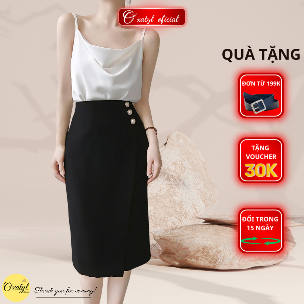 Chân váy bút chì eo cao Oxatyl V24 dáng ôm mặc đi làm công sở phối 3 cúc sang trọng