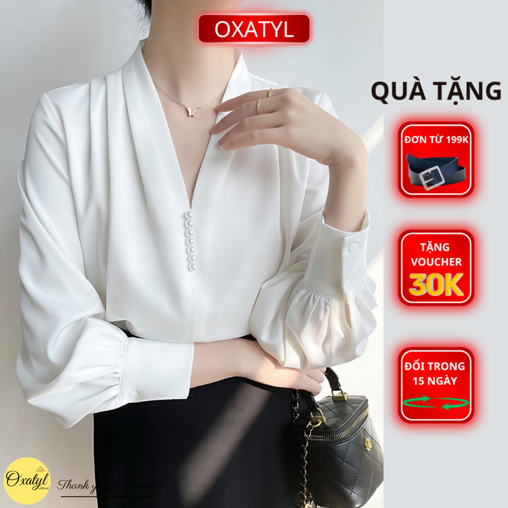 Áo sơ mi lụa cao cấp cổ V ly vải phối phụ kiện cúc ngọc sang trọng mặc đi làm công sở A670 | BigBuy360 - bigbuy360.vn