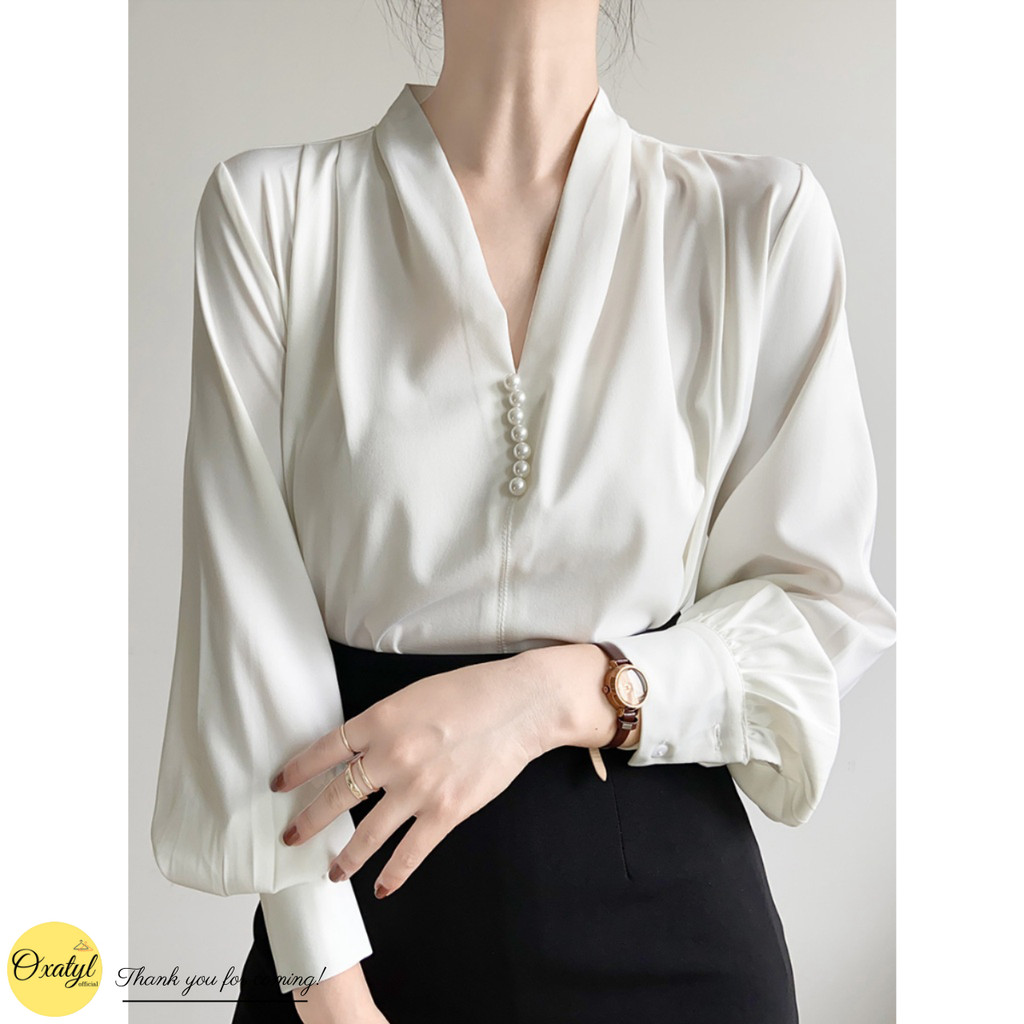 Áo sơ mi lụa cao cấp cổ V ly vải phối phụ kiện cúc ngọc sang trọng mặc đi làm công sở A670 | BigBuy360 - bigbuy360.vn