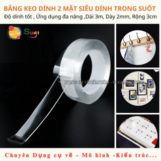 Băng keo dính 2 mặt siêu dính trong suốt, băng keo dán tường hai mặt nano silicon  dài 3M