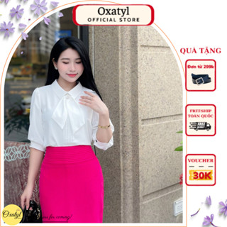 Áo sơ mi nữ công sở chất lụa hàn tay lỡ chất liệu vải mát cổ nơ đính đá sang trọng A510