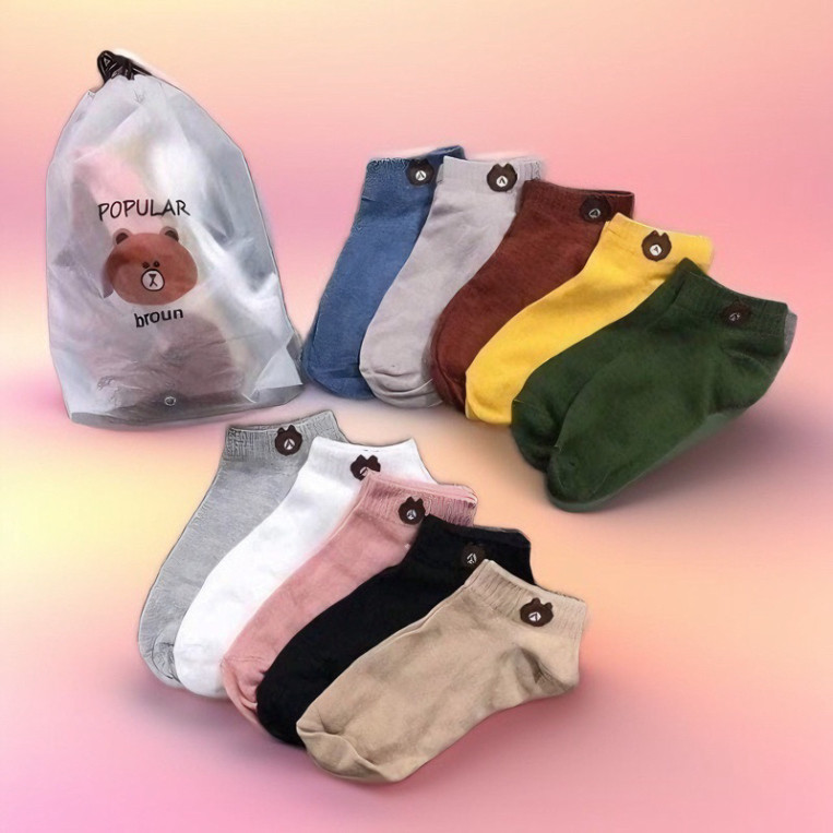Combo 10 đôi tất vớ nữ cổ ngắn hình gấu kute tặng kèm túi rút loại dày, chất mềm