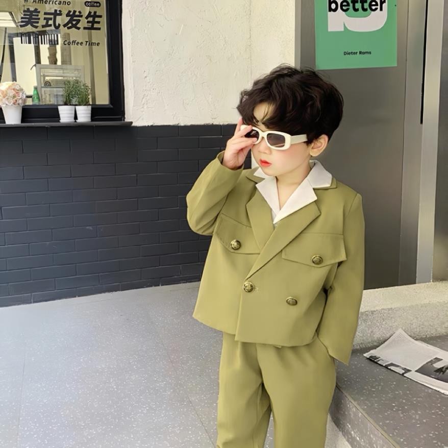 Bộ vest dài tay bé trai kèm sơ mi phối cúc đồng Fbaby