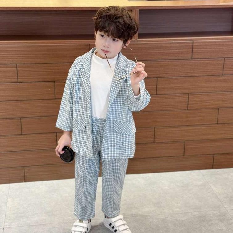 Bộ vest dài tay bé trai họa tiết kẻ Fbaby