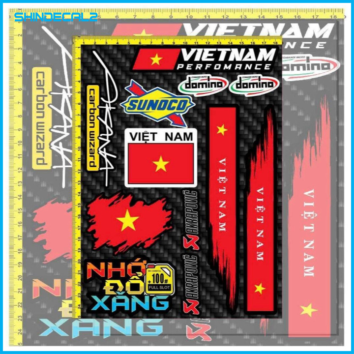 Set tem dán xe logo lá cờ domino nhớ đổ xăng akana...(18x25cm)