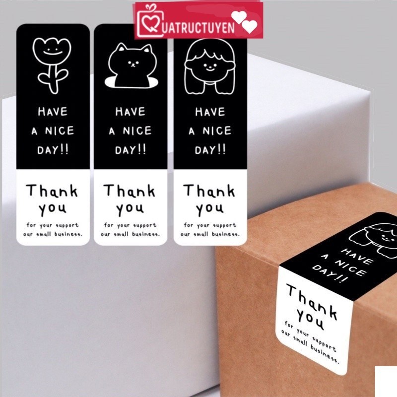 Set 30 decal dán 3x9cm mẫu Thank you chữ trắng nền đen TE34 sticker, tem nhãn dán Cám ơn niêm phong 