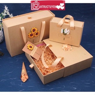 Hộp quà tặng  kraft túi xách cao cấp kèm rơm lót và thiệp hoa - Hộp quà sinh nhật, cám ơn, kỷ niệm