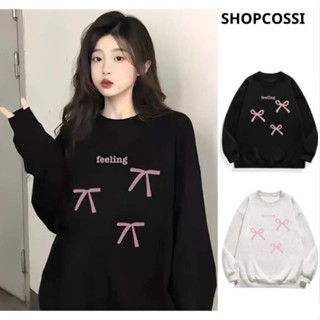 Áo sweater nữ .áo hoodie nỉ cổ tròn chất nỉ bông 2 mặt dày đẹp in hình nơ hồng HU