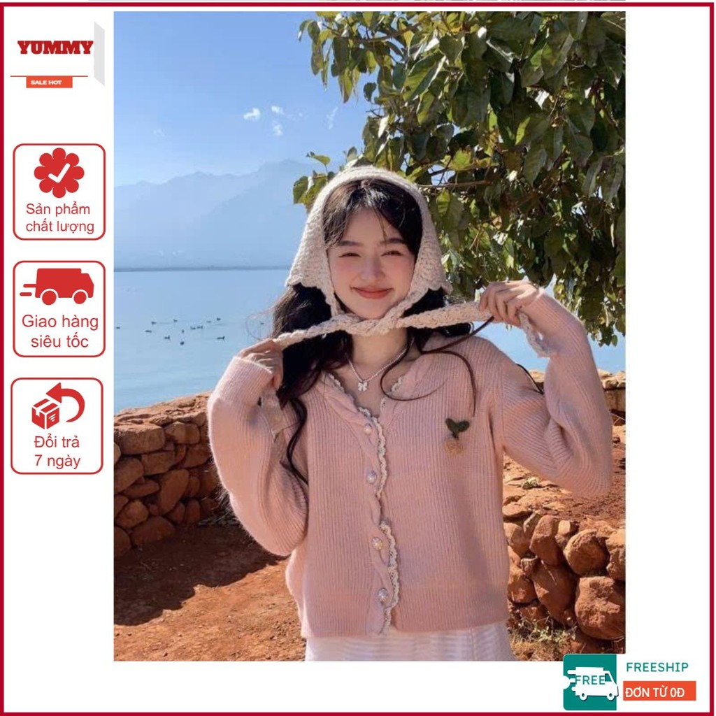 Áo cardigan hồng Yummy có hoa thêu, Áo khoác len caridgan dáng ngắn phong cách ngọt ngào | BigBuy360 - bigbuy360.vn