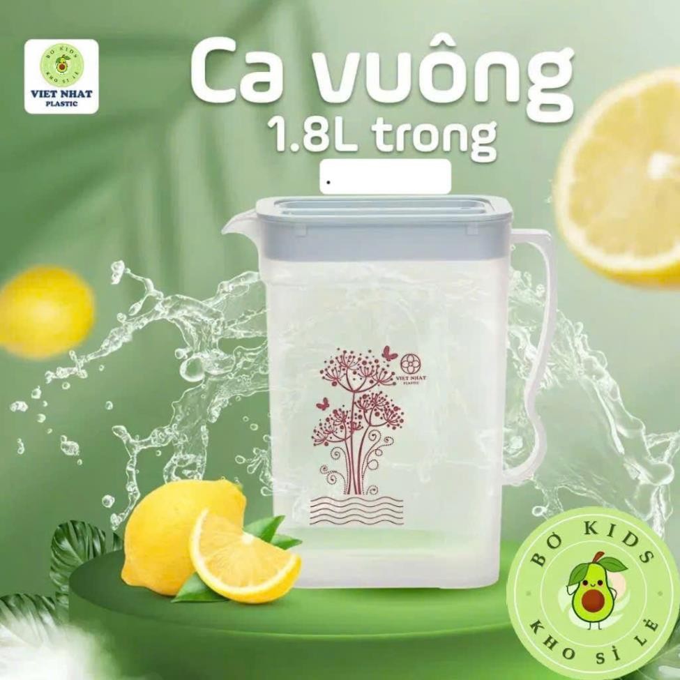 Ca Nhựa Vuông Trong Suốt Việt Nhật (MS:6082) bình đựng nước 1.8 lít - bình nước có quai cầm