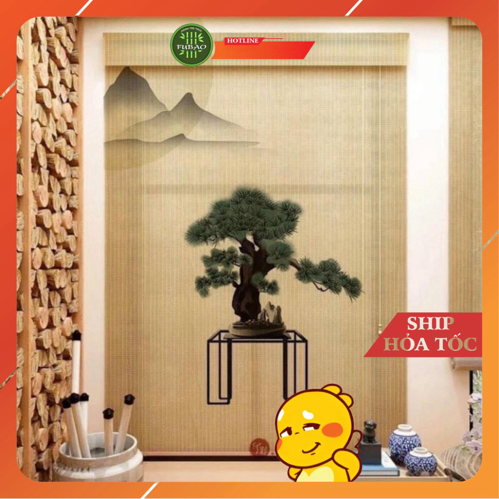 Mành tre trúc in tranh UV hình phong cảnh chim và hoa đào. Mành tre trúc trang trí decor cafe, spa.1