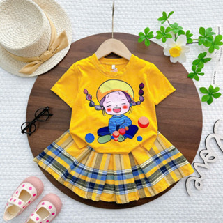 set váy xếp ly VẢI KATE CARO em bé thắt bím cho bé gái có quần chip trong từ 10 đến 32kg - Nemokids