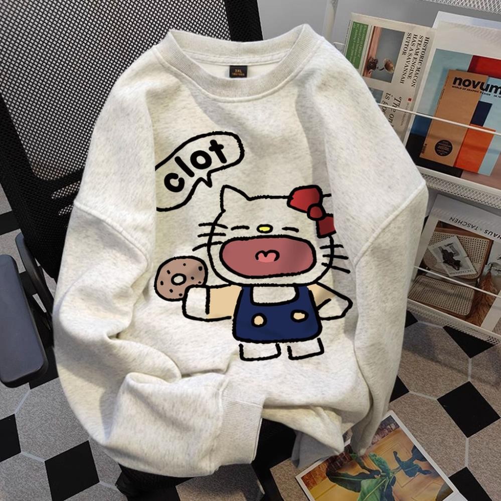Áo sweater nữ form rộng xám tiêu dễ thương Hello Kitty HÁ MIỆNG áo nỉ dài tay mùa thu đông UT