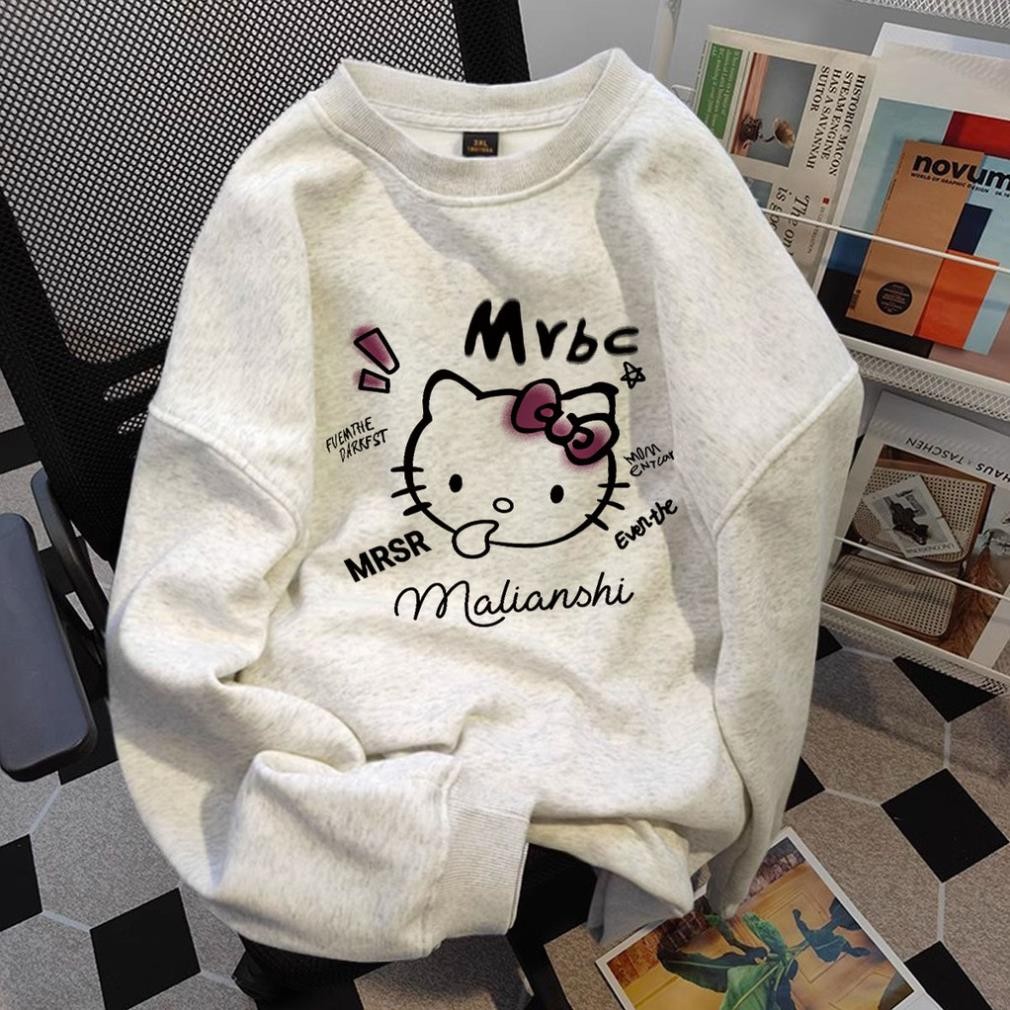 Áo sweater nữ form rộng dày xám tiêu áo nỉ dài tay mùa đông áo Khoác hàn quốc in hình Hello Kitty NƠ ĐỎ UT
