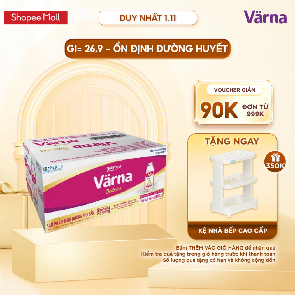 Thùng 24 hộp sữa bột pha sẵn Värna Diabetes (6 hộp giấy x 237ml) - Hỗ trợ ổn định đường huyết