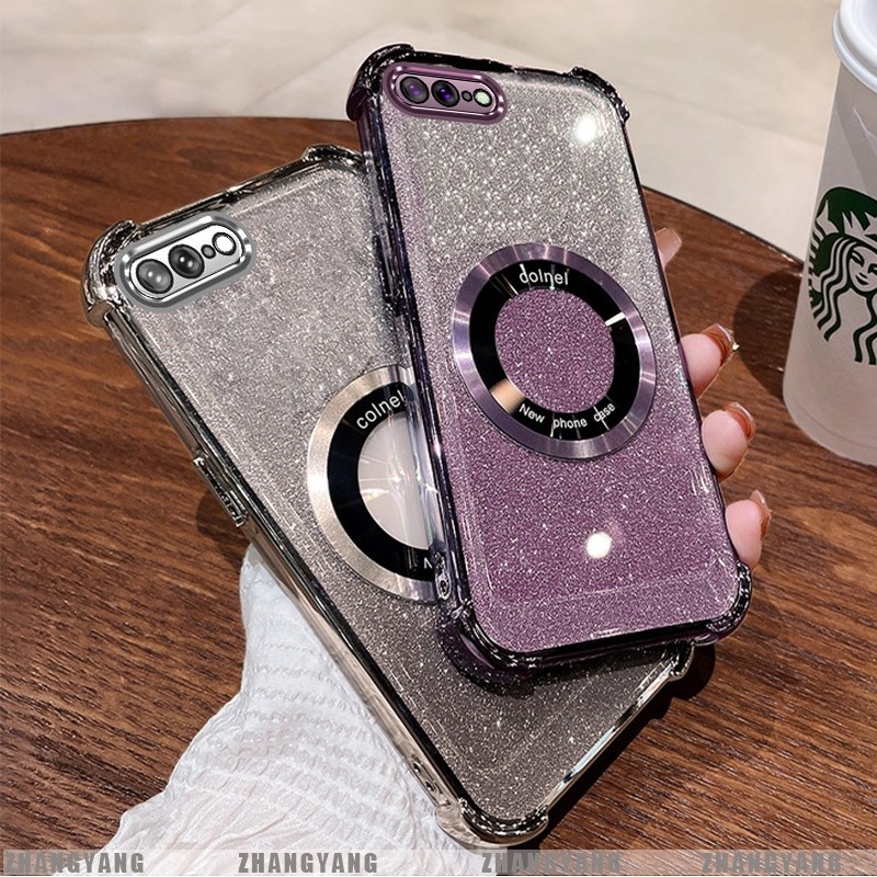 Ốp Lưng Cho iPhone 7 Plus iPhone 8 Plus Mạ Điện Bốn Góc Chống Rơi Bột flash Vỏ Điện Thoại Hút Từ Tính Thẩm Mỹ Thiết Kế Mới TPU Mềm case