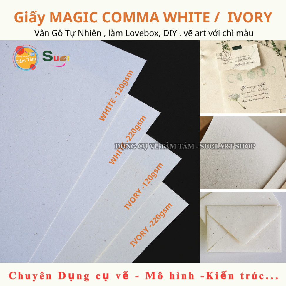 [ Tâm Tâm ]Giấy Magic Comma WHITE /  IVORY Vân Gỗ Tự Nhiên  , làm Lovebox, vẽ art với chì màu