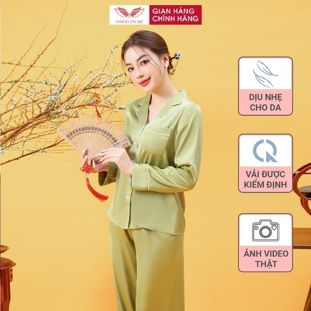 Bộ ngủ lụa pijama mặc nhà Lụa cao cấp VINGO tay dài quần dài dáng suông mặc mùa Thu H1113 VNGO